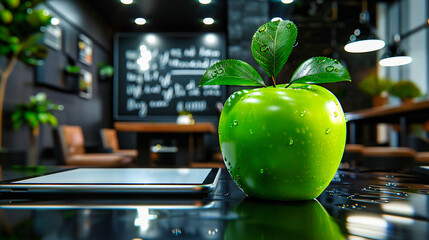 Fresh green apple with water drops, closeup on a healthy and juicy fruit, bright and fresh organic food