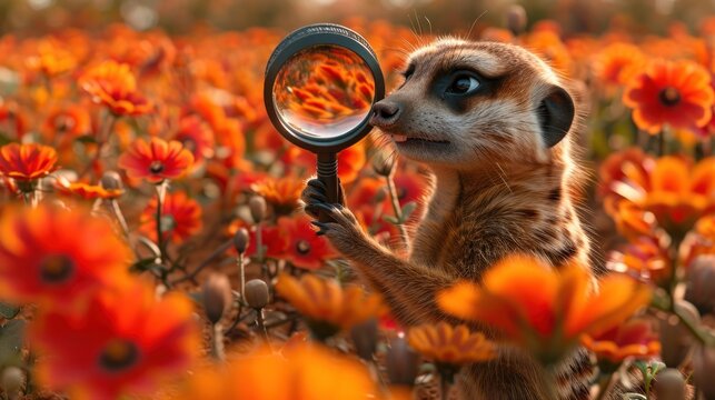 a meerkat looking through a magnifying glass in a field of red and yellow wildflowers.