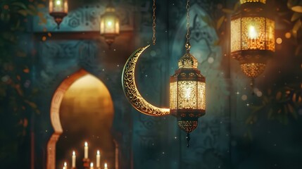 Ramadan Kareem greeting card with golden crescent islamic symbol and arabic calligraphy and lantern hanging. Generative Ai - obrazy, fototapety, plakaty