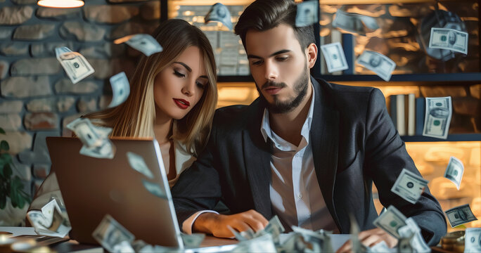 Casal sentados em frente ao notebook com cedulas de dinheiro voando ao seu redor