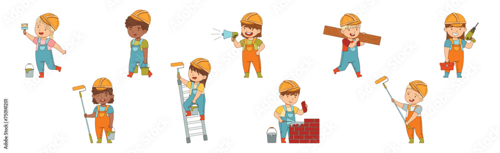 Poster kids builder character wearing uniform and hardhat with professional tool vector set