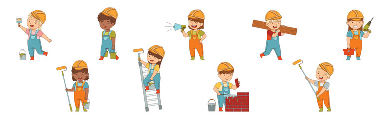 Kids Builder Character Wearing Uniform and Hardhat with Professional Tool Vector Set