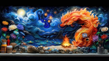 Fototapeta premium a painting of a fire breathing dragon next to a body of water with rocks and flowers on the side of it.