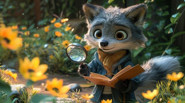 a racoon holding a magnifying glass looking at a book in a garden full of yellow flowers.