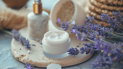 Obraz na płótnie Canvas Lavender-infused cosmetic products, embodying natural beauty and serenity --