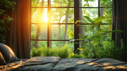 a bed sitting in a bedroom next to a window with the sun shining through the window and a lush green forest outside.