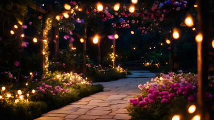 A serene garden under the soft glow of the moon, adorned with heart-shaped fairy lights, blooming flowers in vibrant hues