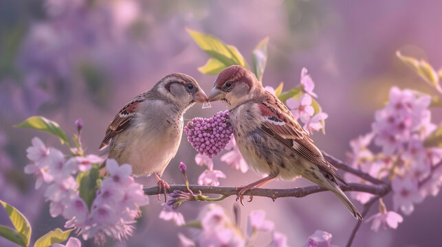 A devoted pair of finches creating a heart shape with their beaks, set against a soft lilac background.