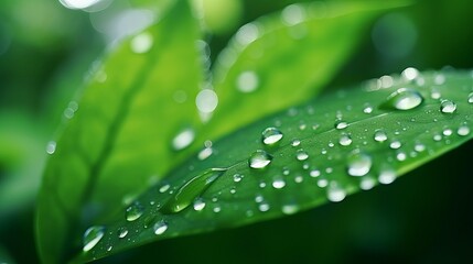 Transparent rainwater forms large, beautiful drops on green leaves, highlighted by the morning sun, creating a natural texture.