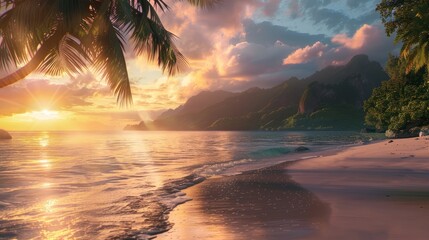 Landscape of paradise tropical island beach, sunrise shot 