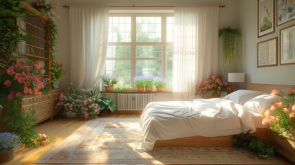 a bed room with a neatly made bed and lots of flowers on the window sill and a rug on the floor.
