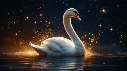 Swan swimming on the lake. Beautiful swan wallpaper. Golden swan background.