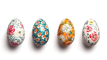 Delicately painted Easter eggs stand out against a clean white background, showcasing intricate...