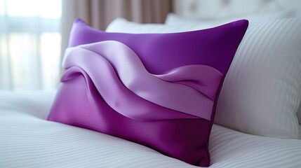 a close up of a pillow on a bed with white sheets and a purple pillow on the side of the bed.