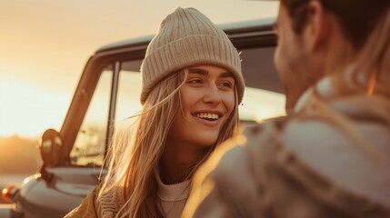Smiling woman sitting with boyfriend against car during sunset