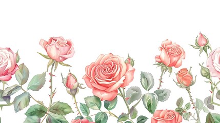 Rose flowers horizontal border. Seamless pattern. Repeating design. Perfect for wedding invitation, greeting cards, stationery. Hand drawn floral illustration isolated on a white. Generative Ai