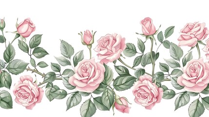 Rose flowers horizontal border. Seamless pattern. Repeating design. Perfect for wedding invitation, greeting cards, stationery. Hand drawn floral illustration isolated on a white. Generative Ai - obrazy, fototapety, plakaty