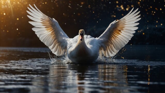 Swan landing in the lake. Swan wings.
