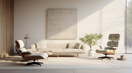 A modern living room with a minimalist decor and a neutral palette, including a grey armchair and a white coffee table