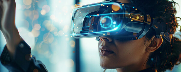 Visionary leader guiding augmented reality symbols, fostering a seamless integration of AR technology into business strategies. Enhancing customer experiences and driving innovation in product