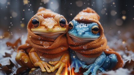 a couple of frogs sitting next to each other on top of a pile of snow next to a small fire. - obrazy, fototapety, plakaty
