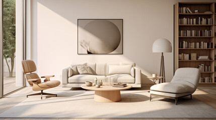 A modern living room with a minimalist decor and a neutral palette, including a grey armchair and a white coffee table