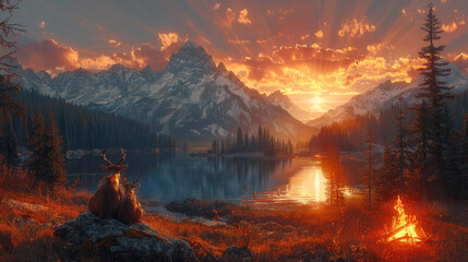 a painting of a deer sitting in front of a lake with a mountain range in the background as the sun sets. - obrazy, fototapety, plakaty