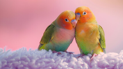 A devoted pair of lovebirds sitting close together on a soft lavender surface.