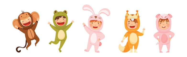 Little Boy and Girl Wearing Animal Costumes Waving Hand and Having Fun Vector Set