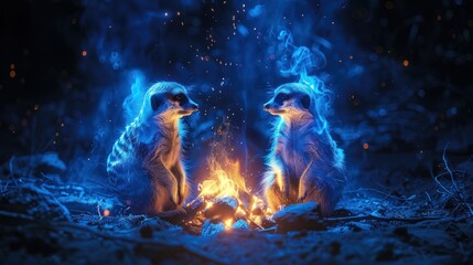 two meerkats sitting in front of a campfire with blue smoke coming out of the top of them.