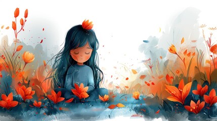 a painting of a little girl sitting in a field of flowers with her eyes closed and her hair blowing in the wind.