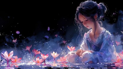 a painting of a woman holding a baby in her lap next to a body of water filled with water lilies.