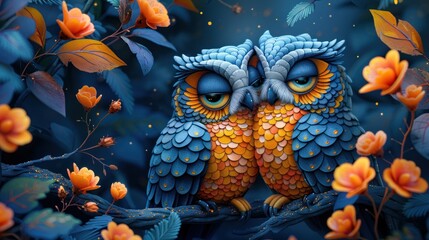 a painting of two colorful owls sitting on a tree branch with orange flowers in the foreground and a blue sky in the background.