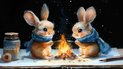 a painting of two rabbits sitting next to a campfire in front of a jar with a candle in it.