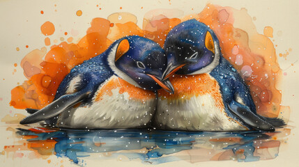 a couple of birds sitting next to each other on top of a body of water in front of an orange and blue background. - obrazy, fototapety, plakaty