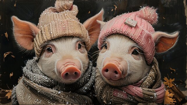two pigs wearing knitted hats and scarves in front of a painting of snowflakes and falling leaves.