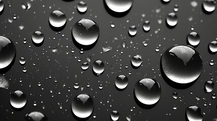 Water drops bead on a water-repellent surface, captured in black and white.
