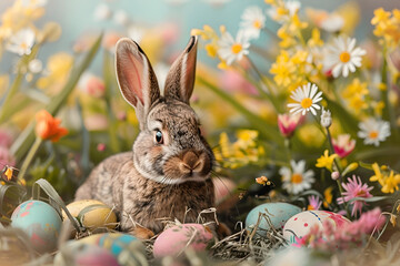 Fototapeta na wymiar Cute easter bunny and colorful eggs on green grass in sunny day