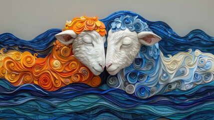 a couple of sheep laying next to each other on top of a bed of blue and orange wavy material on a wall.