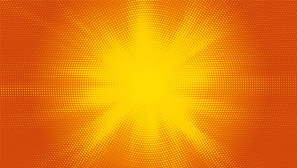 Fototapeta premium Retro yellow sunburst vector background with halftone rays. Vector graphic art template for summer themes. Burst of orange and yellow rays in a comic book style illustration.