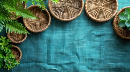 a group of wicker bowls with plants in them on a blue table cloth with a green cloth behind them. - obrazy, fototapety, plakaty
