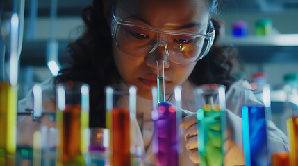 Cientista concentrado manipulando líquidos em laboratório com equipamentos científicos ao fundo