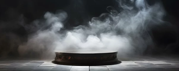 Fotobehang Billowing Smoke on Sleek Stone Platform in Dimly Lit Space - with Blurred Background and Copy Space. Concept Smoke Effects, Stone Platform, Dim Lighting, Blurred Background, Copy Space © Ян Заболотний
