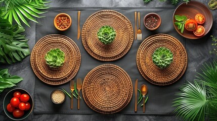a table topped with lots of plates and bowls filled with different types of vegetables next to bowls of fruit and vegetables. - obrazy, fototapety, plakaty