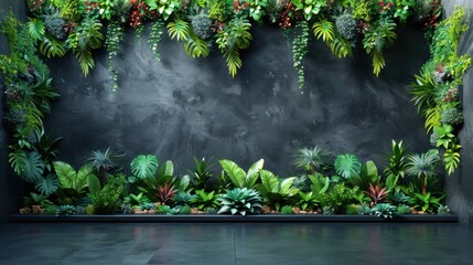 a black wall with a bunch of green plants on it and a chalkboard in the middle of the wall.