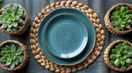 a close up of a plate on a table with a basket of succulents in front of it.