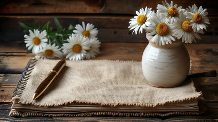 a white vase filled with white daisies next to a notepad and a pen on a napkin on top of a wooden table.