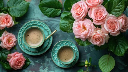 a couple of cups of coffee sitting on top of a table next to a bunch of pink roses and green leaves. - obrazy, fototapety, plakaty