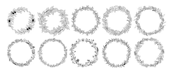 Set of Hand drawn botanical wreath line art vector illustrations on transparent background. Circle frames with leaves and flowers in black ink sketch style. Elegant decorative design element. 