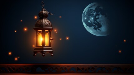 Obraz premium A 3D wallpaper captures the essence of Ramadan and Eid al-Fitr, featuring lanterns, walls, and a crescent moon.